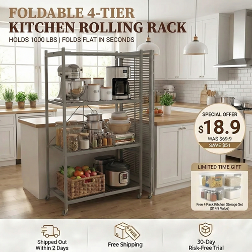 Livingease Foldable 4-Tier Heavy-Duty Rolling Storage Rack