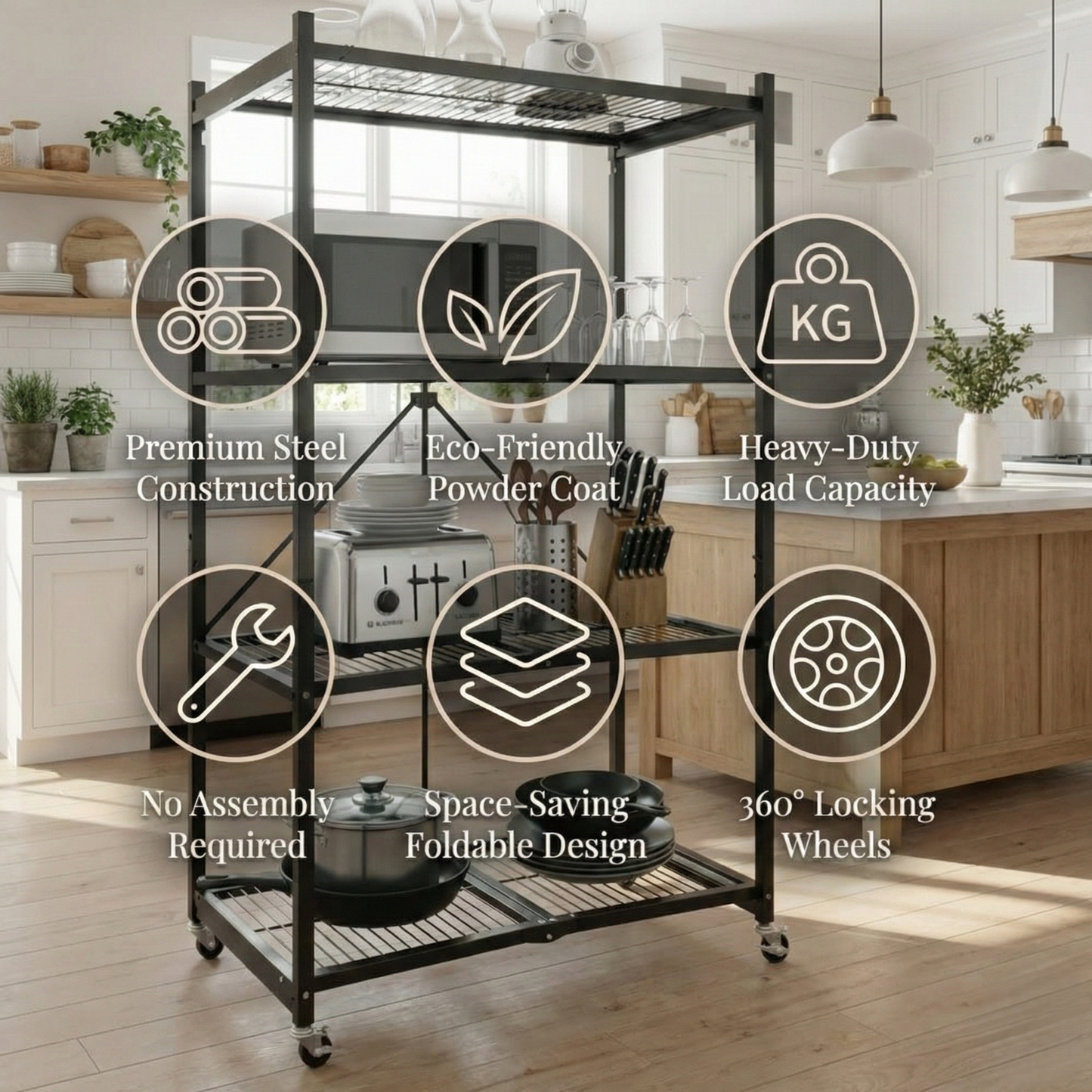 Livingease Foldable 4-Tier Heavy-Duty Rolling Storage Rack